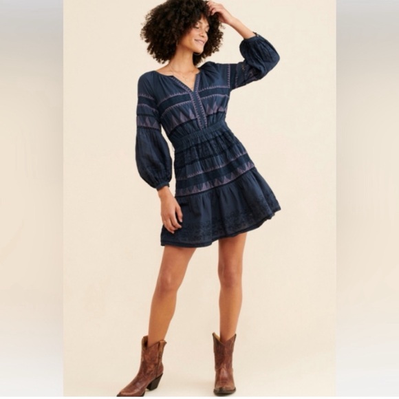 NWOT Anthropologie Skye Embroidered Mini Dress XS Blue Motif Cotton Puff Sleeve - Picture 4 of 16